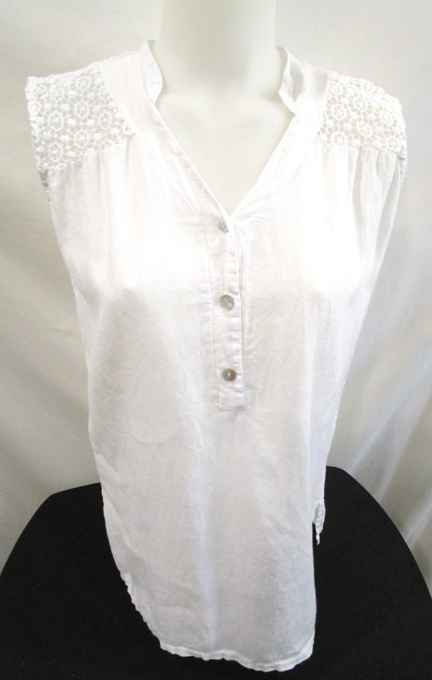Carla Conti White 100% Linen & Lace Crochet Sleeveless Top Women Sz S